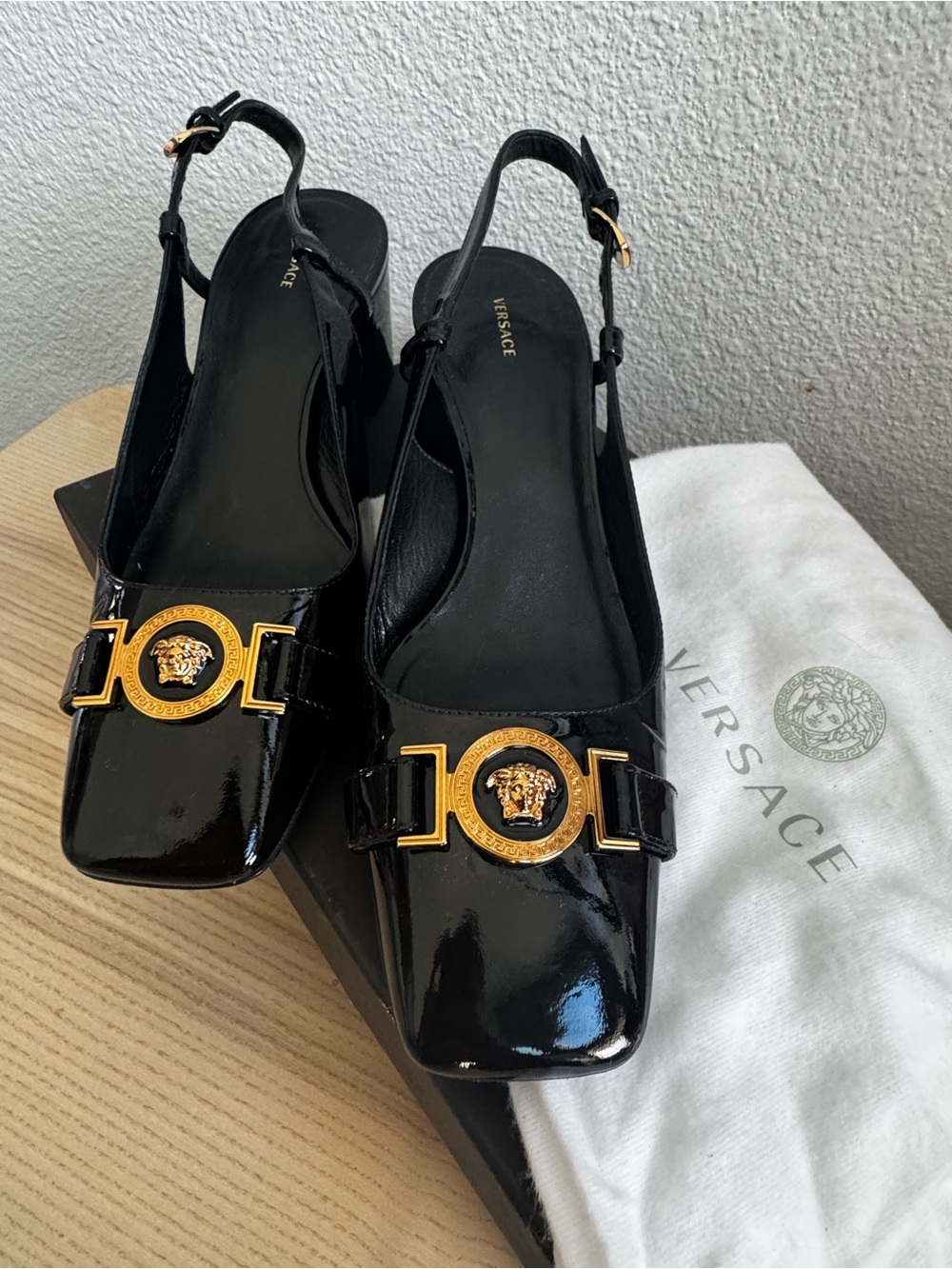 Versace Medusa Black Patent Leather Slingback Pumps Gold Size 39